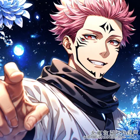 absurdres, highres, ultra detailed, HDR, master piece, best quality, extremely detailed, Ryoumen Sukuna, pink hair, expressive red eyes, Jujutsu Kaisen, solo, sexy man, handsome, handsome smile, black scarf, white kimono, fantasy, water, sparkling, blue gl...