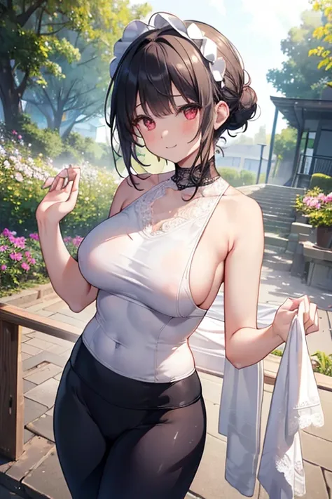 masterpiece、1 female student、(((Missing arm，Bare arms，Towel wrap)))White cloth bun、Shoulder leakage、chubby、Smile、(((Lace、black yoga pants)))pale pink lips、posing at school，（Soaked），legs are open， 独奏,  looking at the audience,  (Thick thighs:1.0),Red eyes, ...