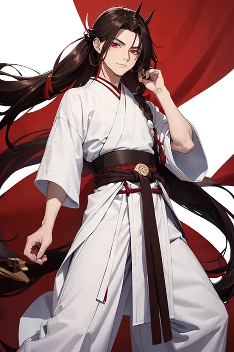 Demon slayer. A 19 year old man with long brown hair in a half pony tail. The hair is down to his waist and he has red eyes. Also, he wears a plain white haori which is coverd in transparent patches. He is wearin okobos from the taisho era.