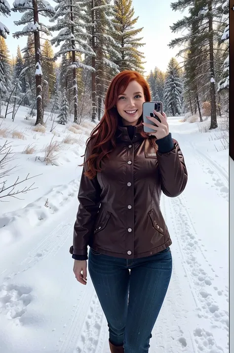 Realistic 33 year old redhead girl, big tits:1.2, big butt 1.2, in selfie mode for Instagram dressed Snapchat influencer Full photo standing and happy in the nature, winter clothes, smile