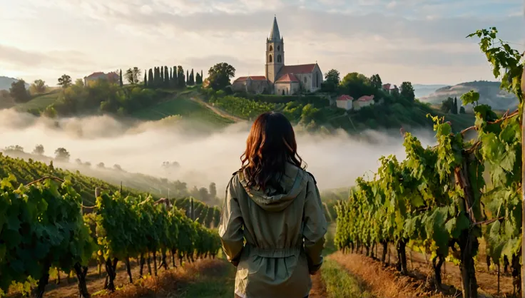 k Best picture quality, Beautiful 36-year-old Korean woman, Chest size 34 inches, The cathedral can be seen through the early morning fog past the vineyards in the Croatian countryside., The back background is realistic and vivid image quality, medium hair...