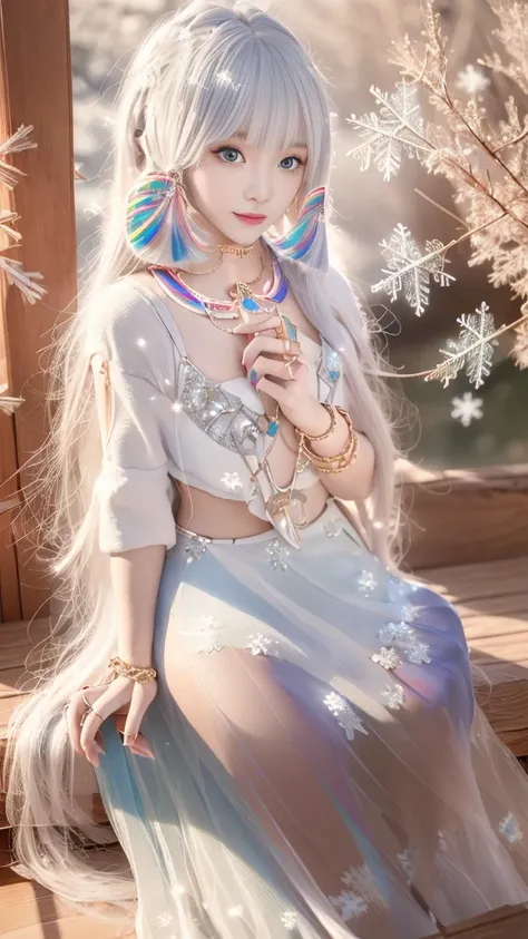 8K, masterpiece, 1 girl, Pretty Face, Very long hair, Light makeup, Delicate eyes, Delicate lips, Small bust, Winter Clothing, Rainbow Skirt, (Wearing Jewelry:1.8), (Rainbow Lace:1.4), ((Snowflakes falling:1.4)), sit,