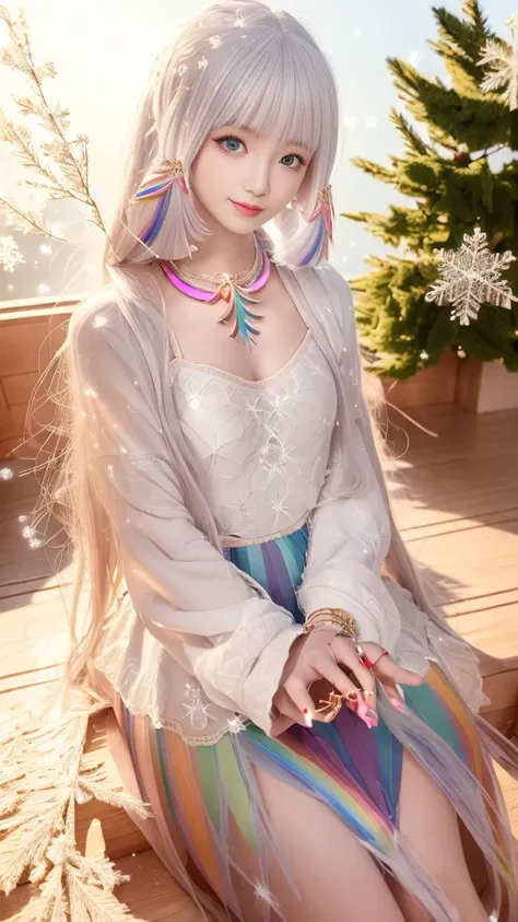 8K, masterpiece, 1 girl, Pretty Face, Very long hair, Light makeup, Delicate eyes, Delicate lips, Small bust, Winter Clothing, Rainbow Skirt, (Wearing Jewelry:1.8), (Rainbow Lace:1.4), ((Snowflakes falling:1.4)), sit,