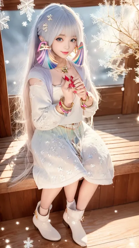 8K, masterpiece, 1 girl, Pretty Face, Very long hair, Light makeup, Delicate eyes, Delicate lips, Small bust, Winter Clothing, Rainbow Skirt, (Wearing Jewelry:1.8), (Rainbow Lace:1.4), ((Snowflakes falling:1.4)), sit,