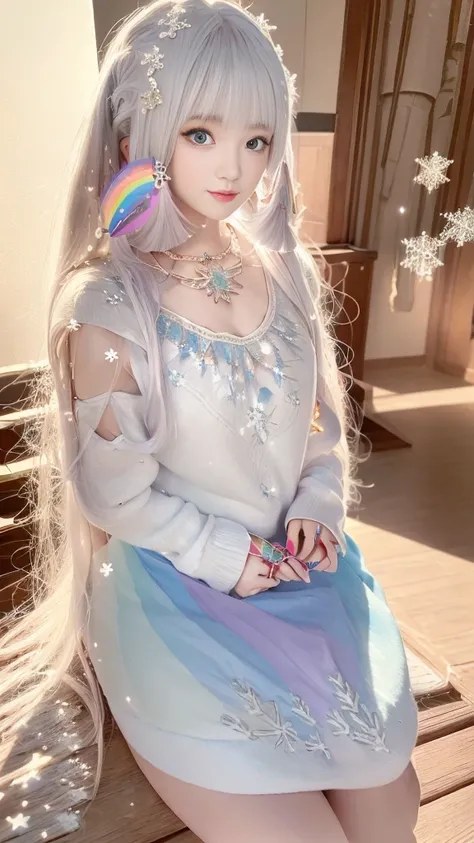 8K, masterpiece, 1 girl, Pretty Face, Very long hair, Light makeup, Delicate eyes, Delicate lips, Small bust, Winter Clothing, Rainbow Skirt, (Wearing Jewelry:1.8), (Rainbow Lace:1.4), ((Snowflakes falling:1.4)), sit,