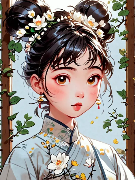 cute and humorous q version chinese girl，big eyes，bust，sticker，6 different facial expressions，expression board，various poses and...