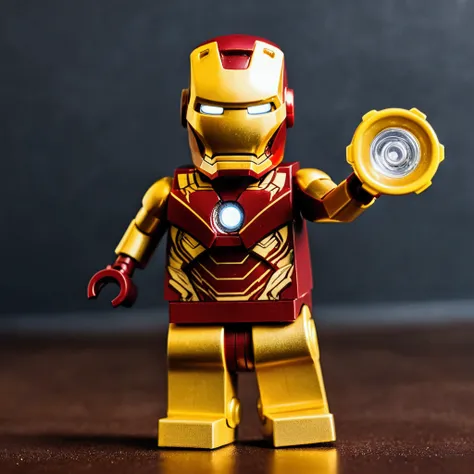 A photo of a golden lego as Iron Man, golden toy, plastic, mini gold