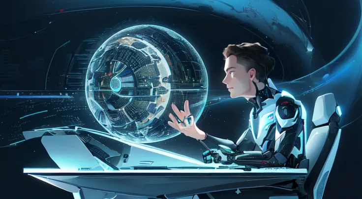 Young man sitting at desk with laptop and futuristic face, A matte painting of the human mind, Data holograms, Elon Musk as a cyborg, highly detailed vfx portrait, AI researcher, The image is future-oriented, Alexander Kucharsky, 2 0 5 5 in, strong Artific...