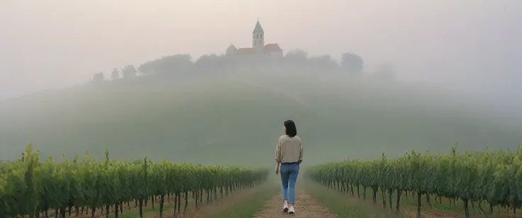 k Best picture quality, Beautiful 36-year-old Korean woman, Chest size 34 inches, The cathedral can be seen through the early morning fog past the vineyards in the Croatian countryside., The back background is realistic and vivid image quality, medium hair...