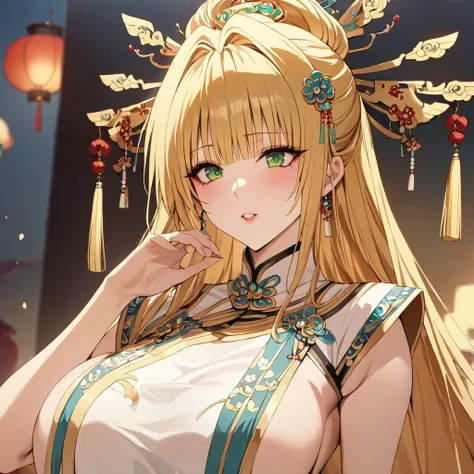 ((Highest quality)), ((masterpiece)), (detailed), （Perfect Face）、The woman is a Tieryu with green eyes, medium-long blonde hair, and is wearing a gorgeous ancient Chinese court costume embroidered with gold and red, with a gorgeous hair ornament.、The woman...