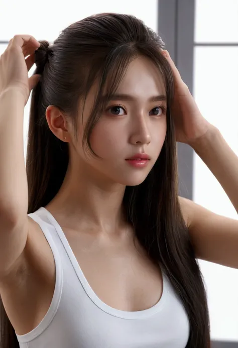 ((Highest quality, 8K, masterpiece :1.3)), One Girl, beautiful woman with slim abs :1.3, (Random Hairstyles :1.2), オーバーサイズtankトップ :1.2, Highly detailed face, fine grain, double eyelid, Underarm,Inside a room where I live alone,long hair,tank,White clothes,...