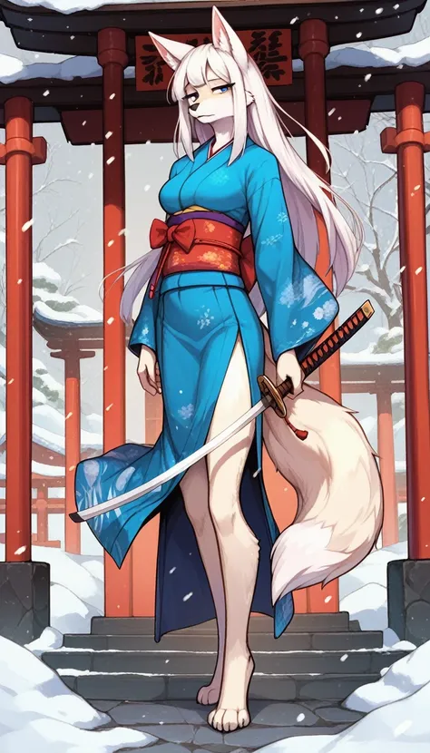 half-closed eyes, tired expression, 1girl, anthro, furry, fur, fluffy fur, white fox girl, japanese temple background, white hai...