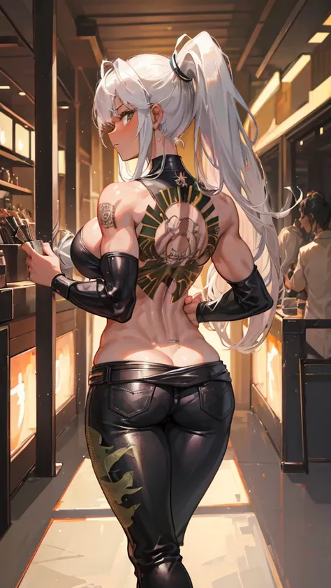 woman, mercenary expression, bullet belt crossing her torso, western guns, camouflage pants, silver hair, long ponytail, broken muscles, dark skin, curly hair, pronounced waist, thick thighs, tight butt, background of the Amazon jungle , high definition, R...