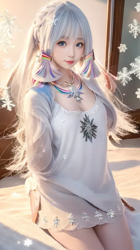 8K, masterpiece, 1 girl, Pretty Face, Very long hair, Light makeup, Delicate eyes, Delicate lips, Small bust, Winter Clothing, Rainbow Skirt, (Wearing Jewelry:1.8), (Rainbow Lace:1.4), ((Snowflakes falling:1.4)), 