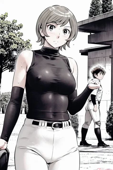 (野球uniform:1.2),
blonde, (short hair:1.2),Long sleeve, Black Shirt, turtleneck,White trousers、uniform、Black belt、((Illustration of people))、Tank top、
View your viewers,, (Highest quality:1.3),One Girl, White pants、uniform、Outdoor、baseball ground、ground、soi...