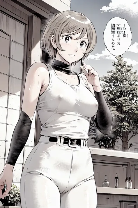 (野球uniform:1.2),
blonde, (short hair:1.2),Long sleeve, Black Shirt, turtleneck,White trousers、uniform、Black belt、((Illustration of people))、Tank top、
View your viewers,, (Highest quality:1.3),One Girl, White pants、uniform、Outdoor、baseball ground、ground、soi...