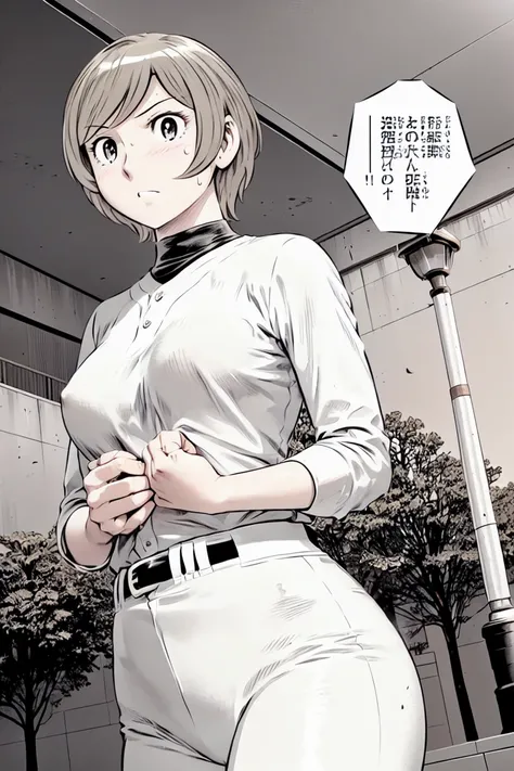 (野球uniform:1.2),
blonde, (short hair:1.2),Long sleeve, Black Shirt, turtleneck,White trousers、uniform、Black belt、((Illustration of people))、big 、
View your viewers,, (Highest quality:1.3),One Girl, White pants、uniform、Outdoor、baseball ground、ground、soil、bl...