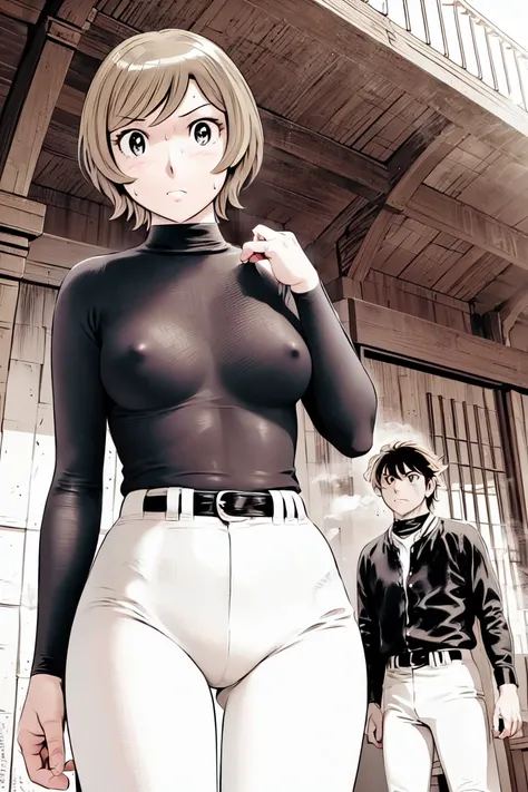 (野球uniform:1.2),
blonde, (short hair:1.2),Long sleeve, Black Shirt, turtleneck,White trousers、uniform、Black belt、((Illustration of people))、big 、
View your viewers,, (Highest quality:1.3),One Girl, White pants、uniform、Outdoor、baseball ground、ground、soil、bl...