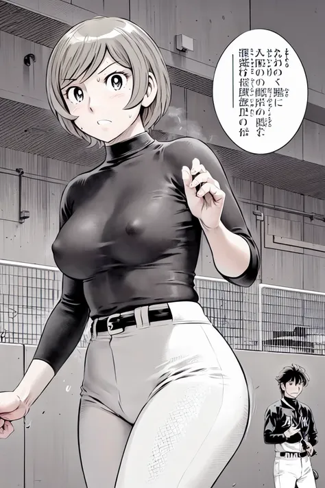 (野球uniform:1.2),
blonde, (short hair:1.2),Long sleeve, Black Shirt, turtleneck,White trousers、uniform、Black belt、((Illustration of people))、big 、
View your viewers,, (Highest quality:1.3),One Girl, White pants、uniform、Outdoor、baseball ground、ground、soil、bl...