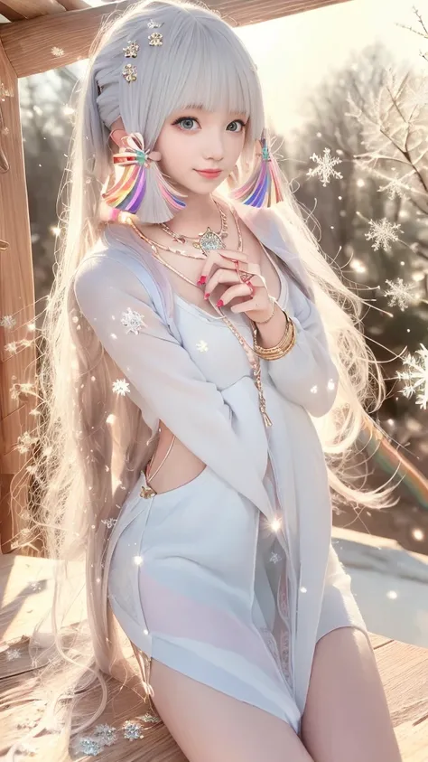 8K, masterpiece, 1 girl, Pretty Face, Very long hair, Light makeup, Delicate eyes, Delicate lips, Small bust, Winter Clothing, Rainbow Skirt, (Wearing Jewelry:1.8), (Rainbow Lace:1.4), ((Snowflakes falling:1.4)),