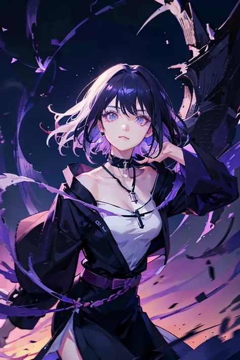 Anime girl holding sword katana, anime, short black hair with neon purple highlights, hair is above shoulder height, smooth beautiful, 4k, anime art, pendant on hair, cross t necklace, vivid white dress, crows in white scenery