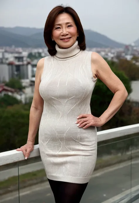 日本人 Mature Woman, (alone), 50 years old, (Wrinkles around the eyes:1.2), Large Breasts, Mature Woman, Glamour, Sexy, Chromo White Skin, View your viewers、Oversized breasts、Wearing a sleeveless turtleneck、Tight-fitting knit dress with a sew-up、Black Pantyho...