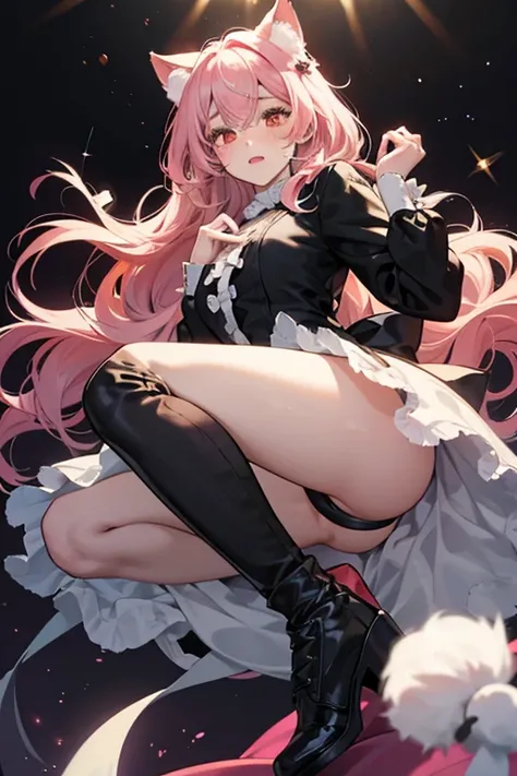 Boo is a fair-skinned girl with pale pink hair and blushed cheeks. She wears a black cap with a tuft of hair on top of the center and a pair of cat ears. She wears a fluffy black dress with long sleeves and a pale pink band below the chest. Her black boots...