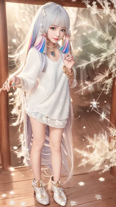 8K, masterpiece, 1 girl, Pretty Face, Very long hair, Light makeup, Delicate eyes, Delicate lips, Small bust, Winter Clothing, Rainbow Skirt, (Wearing Jewelry:1.8), (Rainbow Lace:1.4), ((Snowflakes falling:1.4)), Standing posture，Upper Body