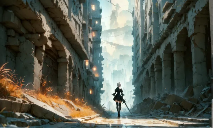 ((best qualityer)), ((work of art)), (very detailled:1.3), 2B in the ruins of a city in the forgotten war, Ancient Technology, Nier-Automata, standing, fully body, brandishing his sword, Looking at the sky, hdr (high-range dynamics), ray tracing, nvidia RT...