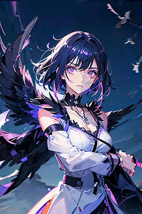 Anime girl holding sword katana, anime, short black hair with neon purple highlights, hair is above shoulder height, smooth beautiful, 4k, anime art, pendant on hair, cross t necklace, vivid white dress, crows in white scenery,beautiful eyes