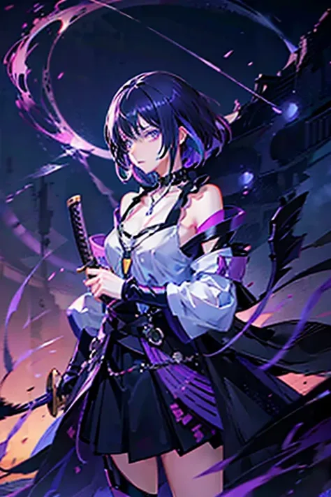 Anime girl holding sword katana, anime, short black hair with neon purple highlights, hair is above shoulder height, smooth beautiful, 4k, anime art, pendant on hair, cross t necklace, vivid white dress, crows in white scenery,beautiful eyes