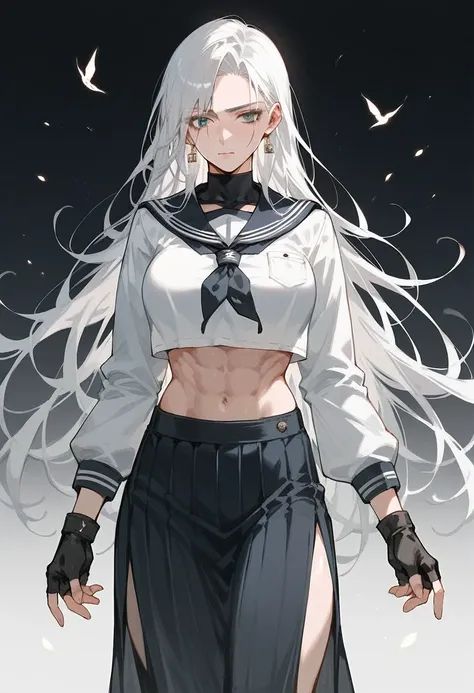 score_9, score_8_up, score_7_up, 1girl, white hair, long hair, pale skin, serafuku, long skirt, midriff, toned, curvy, large breasts, long sleeves, fingerless gloves, side slit, delinquent