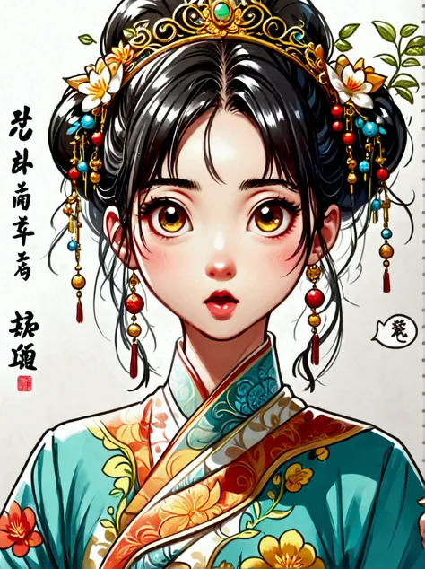 cute and humorous q version chinese girl，big eyes，bust，sticker，6 different facial expressions，expression board，various poses and...