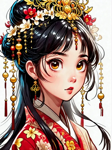 cute and humorous q version chinese girl，big eyes，bust，sticker，6 different facial expressions，expression board，various poses and...