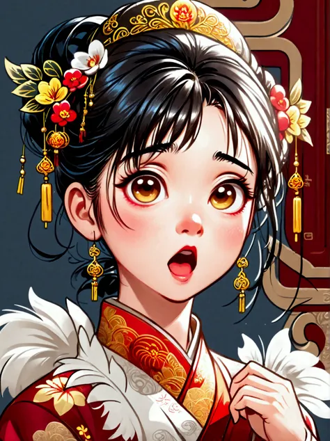 Cute and humorous Q version Chinese girl，big eyes，bust，sticker，6 different facial expressions，expression board，Various poses and expressions，Anthropomorphic style，Ancient and classic style，Showing a variety of emotions，Cartoon illustration，Vector illustrat...