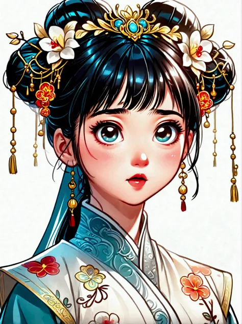 Cute and humorous Q version Chinese girl，big eyes，bust，sticker，6 different facial expressions，expression board，Various poses and expressions，Anthropomorphic style，Ancient and classic style，Showing a variety of emotions，Cartoon illustration，Vector illustrat...