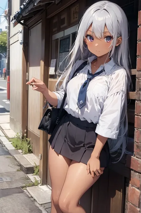 ((Highest quality)), ((masterpiece)), (detailed), One girl, sexy,Silver Hair,Dark Skin，Glamour，Summer uniform，Summer in Japan