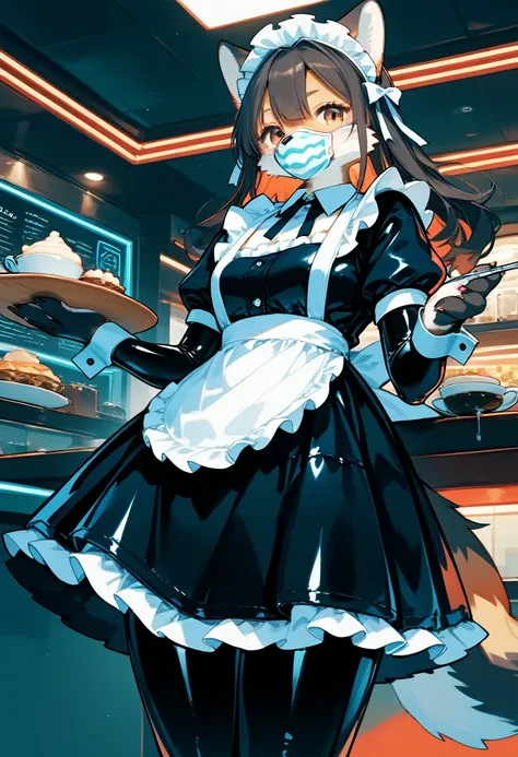 Highest quality, Highest quality, High quality illustrations, masterpiece, Ultra-high resolution, Detailed Background, maid Cafe, Absurd, Perfect Anatomy, performance, Good lighting, Shadows in the movies(kemono, Furry Personifi猫ion), Rubber suit, Rubber s...