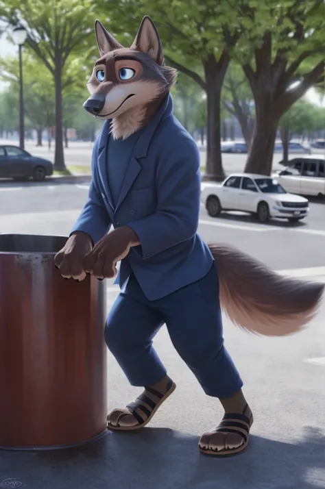 Emilia (Zootopia), wolf, Gray Fur, (brown body:1.3), Blue eyes, Zootopia, dressed,blue jacket,shirt,blue pants,red,women&#39;sandals,female breast,canine, wolf, detailed fur, Female, second, paw pads, finger claws, At the viewer, 5 fingers, paws, 5 fingers...