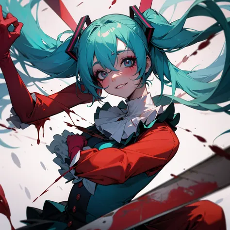 hatsune miku with clown makeup, clown suit, covered in blood, holding machete, circus on background