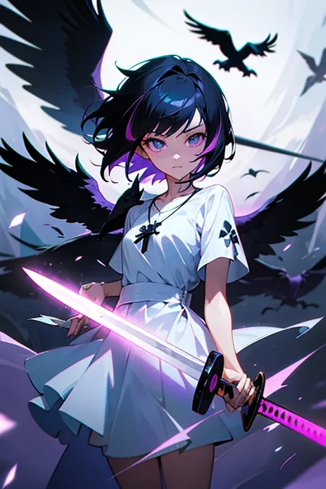 Anime girl holding sword katana, anime, short black hair with neon purple highlights, hair is above shoulder height, smooth beautiful, 4k, anime art, pendant on hair, cross t necklace, vivid white dress, crows in white scenery,beautiful eyes