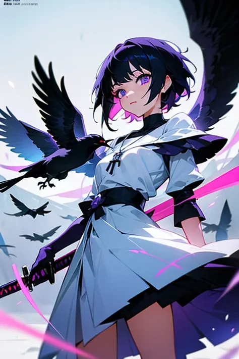 Anime girl holding sword katana, anime, short black hair with neon purple highlights, hair is above shoulder height, smooth beautiful, 4k, anime art, pendant on hair, cross t necklace, vivid white dress, crows in white scenery,beautiful eyes