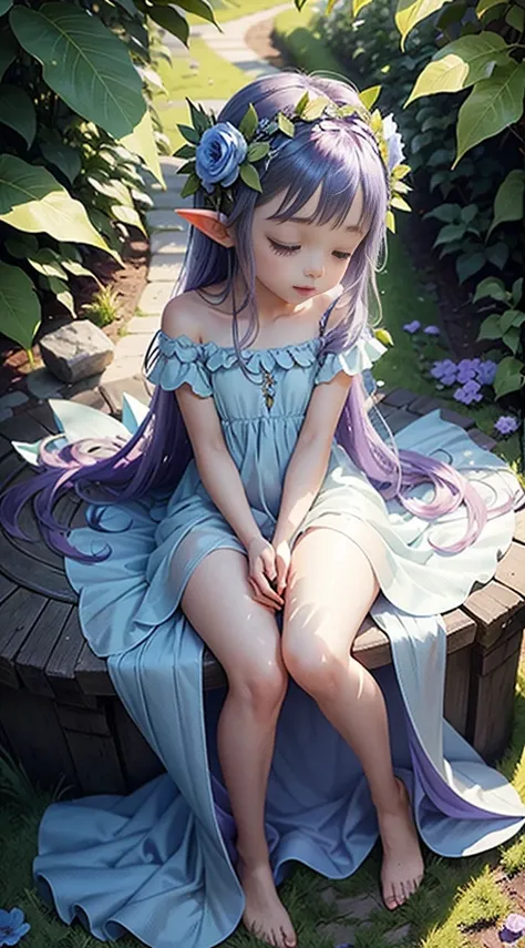 cute little fairy angel wings blue and purple gradient long hair pointy ears flower crown dress made of leaves leaf dress lots of flowers leaves sitting on a big leaf leaves big flower flower crown sunlight sitting sparkling light smiling gently