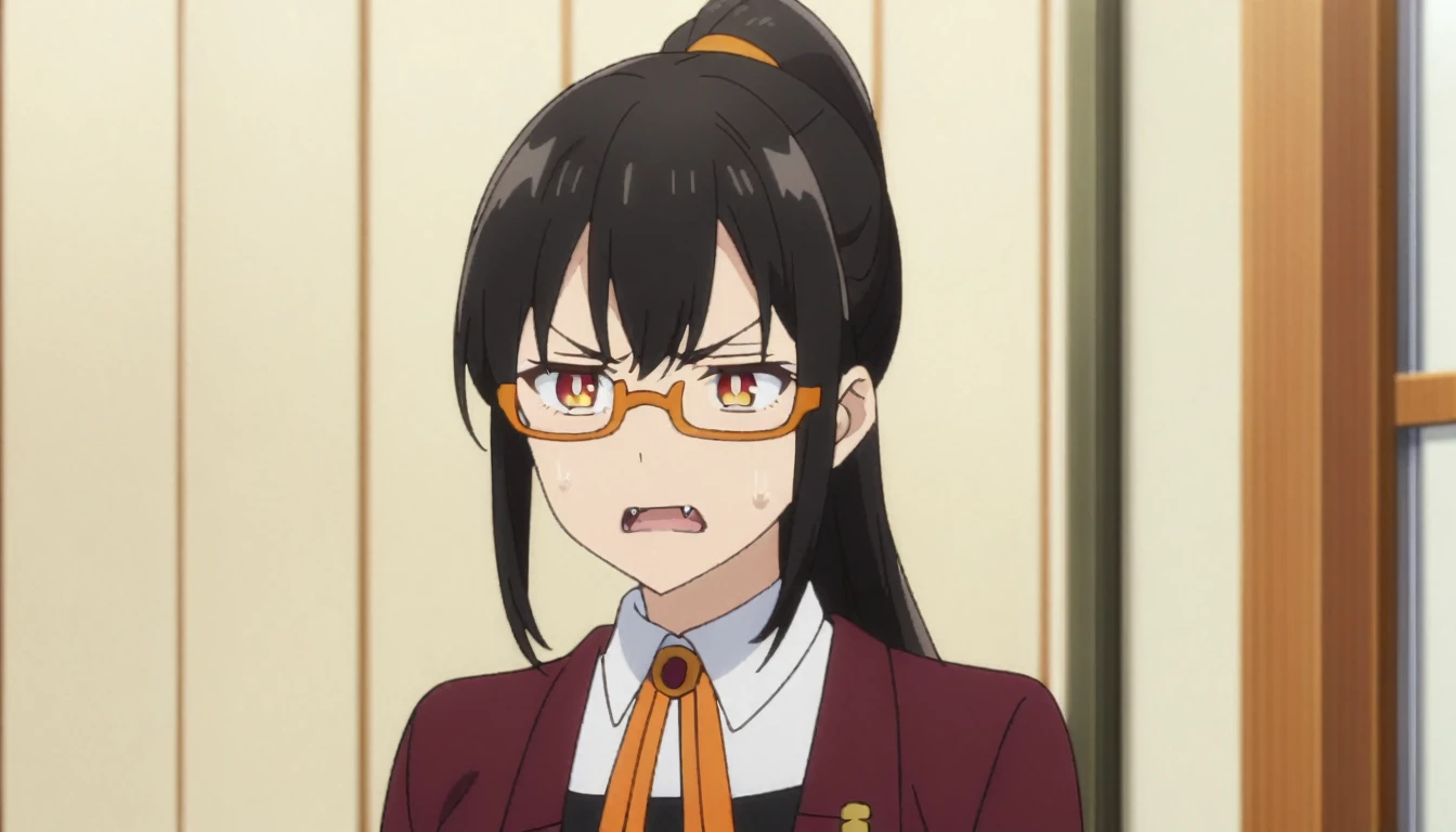 1girl, orange lipstick,secretary outfit,red glasses glasses,ponytail,black hair,black hair,orange streaks,fangs,orange eyes,black pupils,anime screenshot,orange highlights,sweat,thinking expression