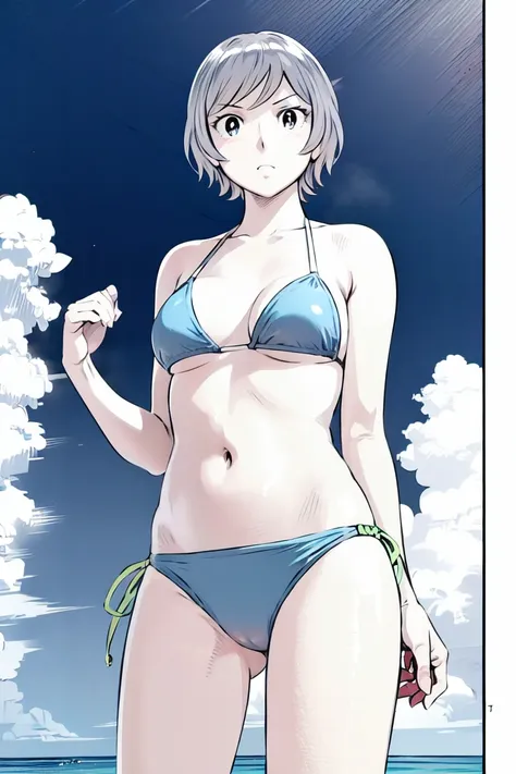 (slingshot bikini:1.2),
Blonde, (short hair:1.2),Illustration of a person、
View your viewers,, (Highest quality:1.3),One Girl, beach、Outdoor、 ground、ground、soil、blue eyeicro Bikini、(masterpiece、Highest quality)、Highest quality, Ultra-high resolution, (((ma...