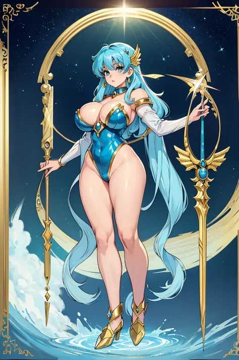 (masterpiece, best quality, high resolution, ((full body, standing,))((huge breasts)) the fantasy zodiac sign Aquarius, Magic Knight Rayearth style very beautiful, full body, very brushed light blue hair,
