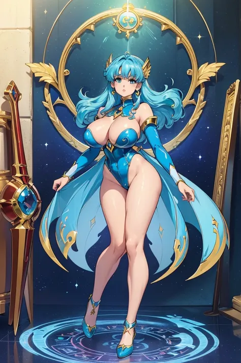 (masterpiece, best quality, high resolution, ((full body, standing,))((huge breasts)) the fantasy zodiac sign Aquarius, Magic Knight Rayearth style very beautiful, full body, very brushed light blue hair,
