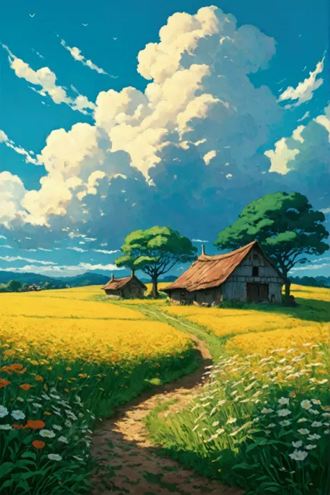 in the farm meadow、Ghibli style、