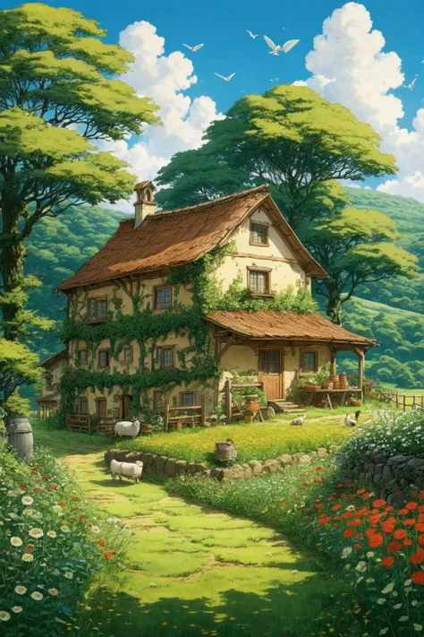 in the farm meadow、Ghibli style、