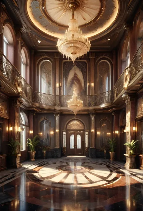 Art Deco, Palace lobby, by Andrew Atroshenko, octane render, fantasy art, whimsical, intricate, (best quality, masterpiece, Representative work, official art, Professional, 8k)